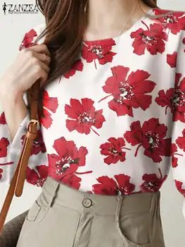 ZANZEA Mulheres estampa Floral Blusa da Moda Retro Túnica Tops de Férias de Verão Camisa de Praia Boêmio Camisas Flare Manga Babados Topo