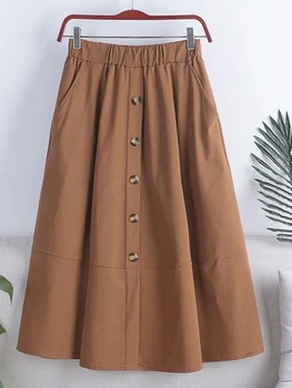 Vintage Algodão Elástico De Alta Saia De Cintura Mulheres Coreano Moda Botão De Uma Linha De Saia Midi Fêmea De Alta Qualidade Sólida Faldas Mujer